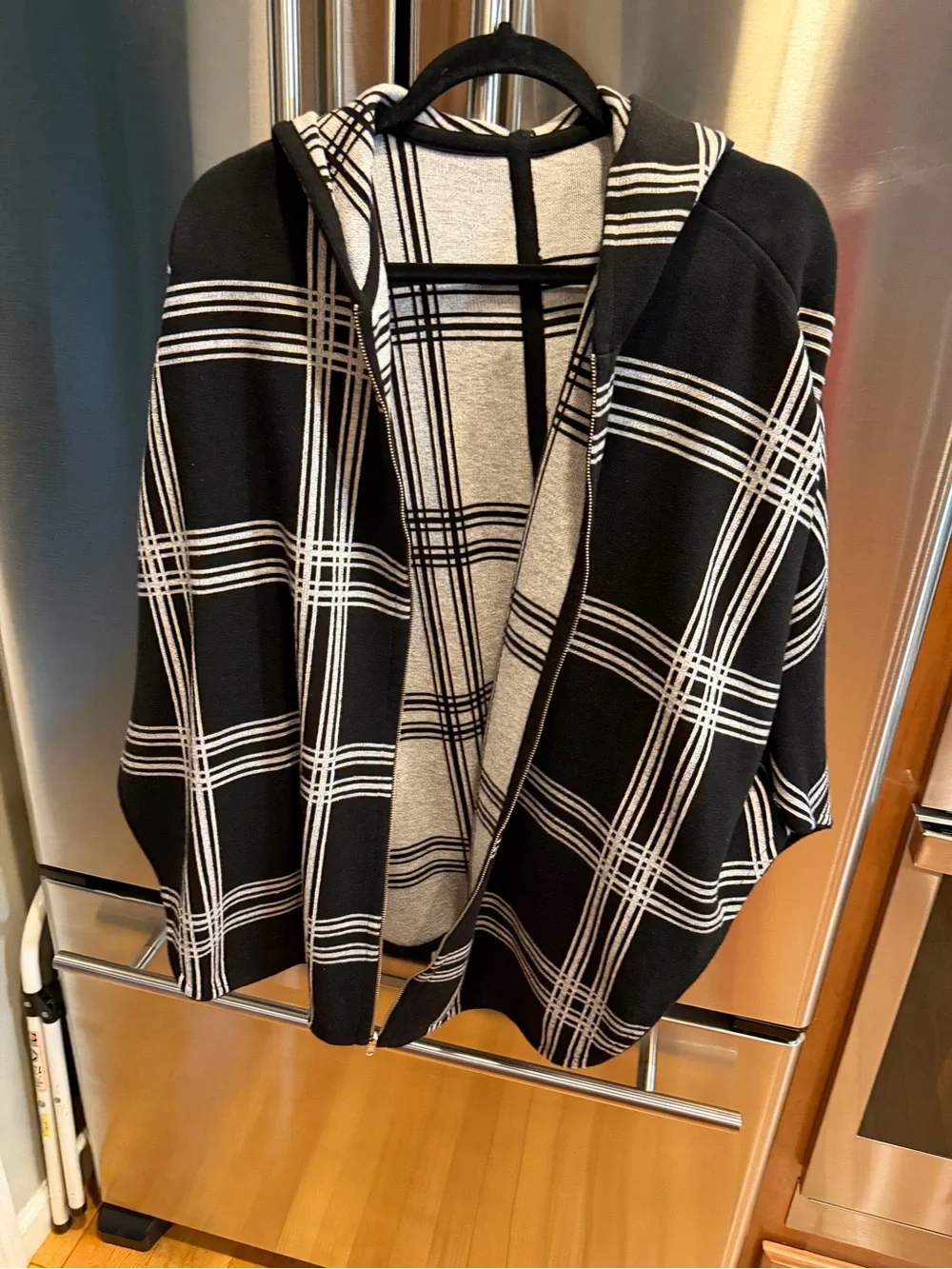 Black & White Plaid Hooded Zip Poncho - Women Tops